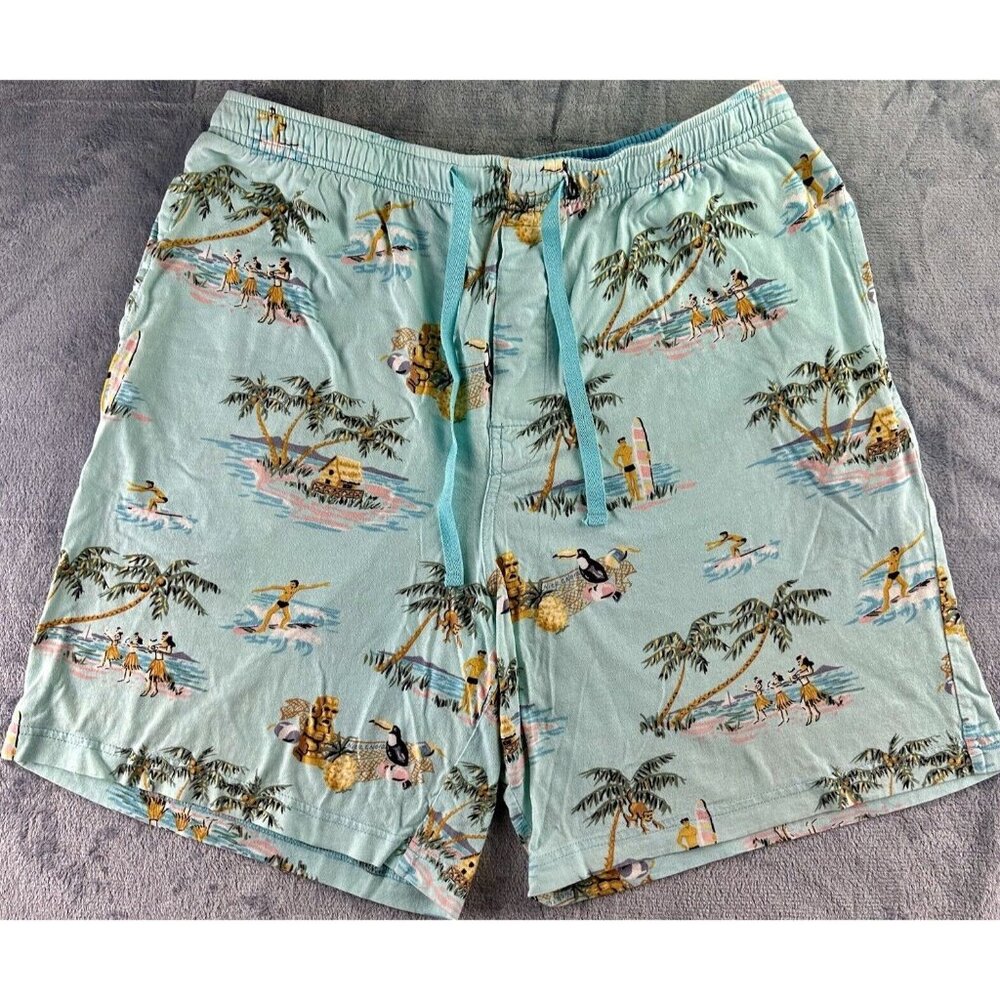 NICK & NORA Flannel Pajama Shorts Men’s Med‎ Aqua Blue Hawaii Toucan Hula Surfer